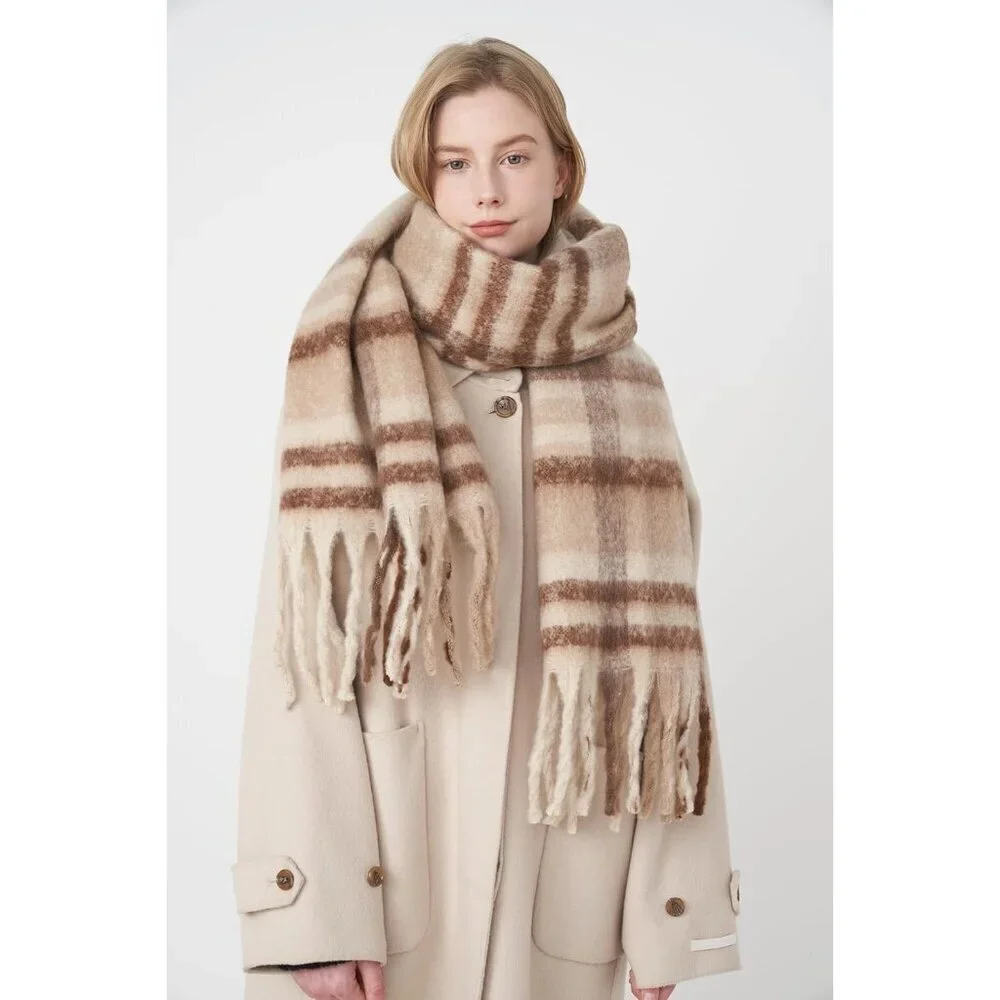 Vintage Women's Plaid Shawl Soft Cashmere-Style Wrap Cozy All Season